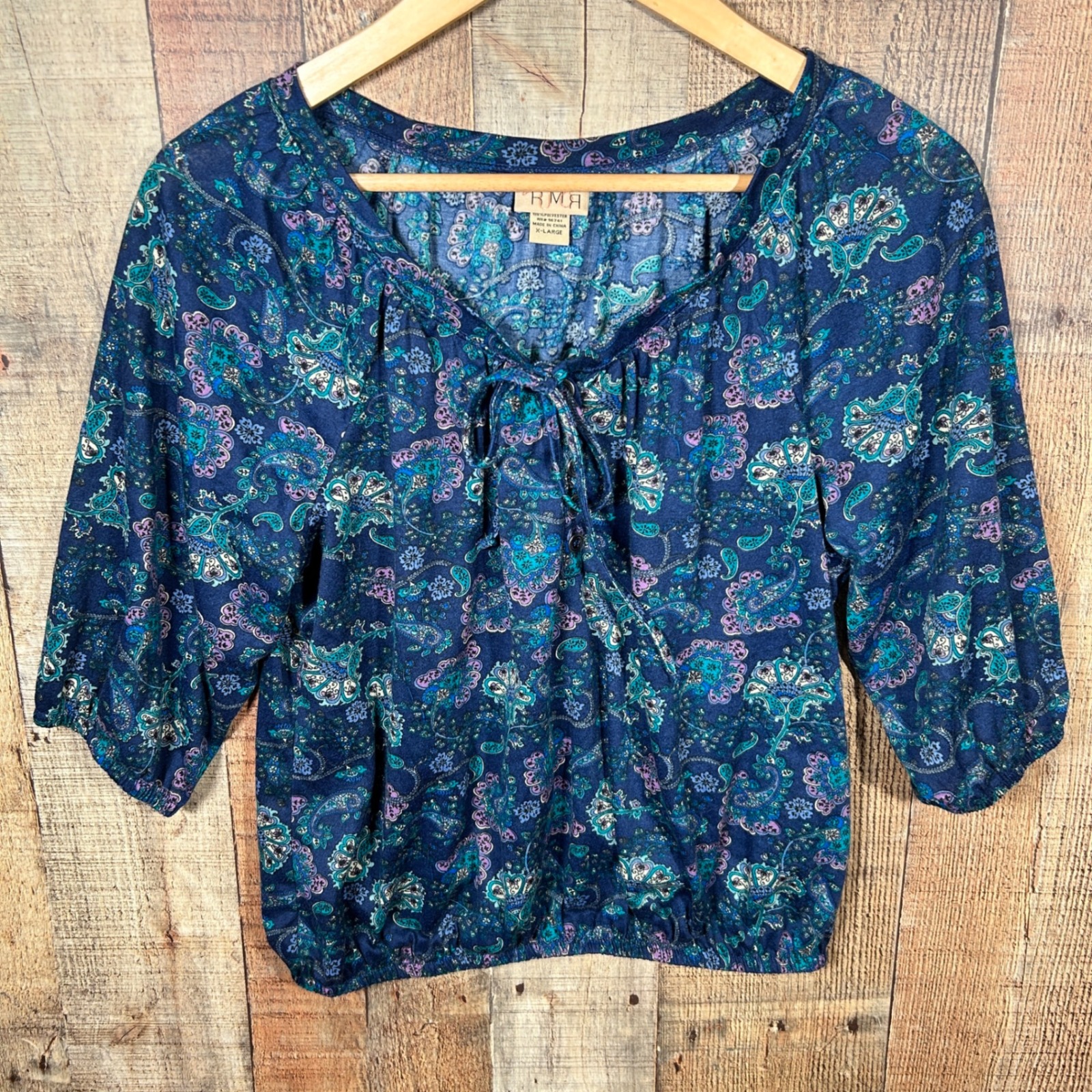 Blue Purple Paisley Peasant Blouse 3/4 Sleeve Boho Top Cottagecore Elastic Hem